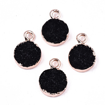 Druzy Resin Charms, with Edge Rose Gold Plated Iron Loops, Flat Round with Lowercase Letter a, Black, 14x10x3mm, Hole: 1.8mm
