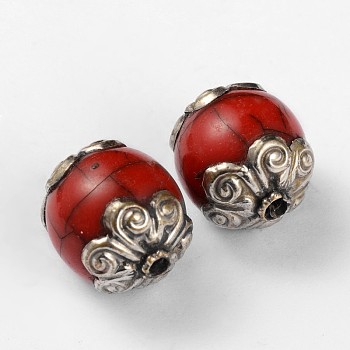 Tibetan Style Round Beads, with Synthetic Turquoise and Antique Silver Brass Findings, Dark Red, 18x15mm, Hole: 2mm
