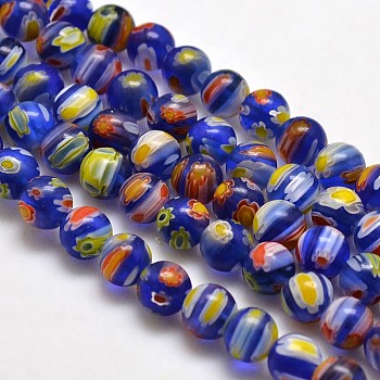 Round Millefiori Glass Beads Strands, Royal Blue, 6mm, Hole: 1mm, about 67pcs/strand, 14.7 inch
