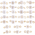 2 Bags Natural Freshwater Shell Beads Connector Charms, with Golden Tone 304 Stainless Steel Double Loops, Flat Round with Letter A~Z, Seashell Color, 12x5.5x3.5mm, Hole: 2~2.5mm, 26pcs/bag(FIND-SC0021-02)