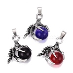 Alloy Glass Pendants, Round with Dragon Claw Charms, Antique Silver, Mixed Color, 34x25~27x15~17mm, Hole: 8x4.5mm(GL-N004-06AS)