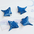 Handmade Porcelain Pendants, Fish/Manta Ray Charms, Marine Blue, 40x36x11mm, Hole: 3x2.5mm(PORC-C010-06)
