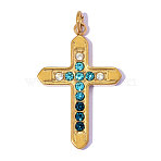 304 Stainless Steel with Light Sapphire Rhinestone Pendants, Ion Plating(IP), Cross Charms, Hand Polished, Real 18K Gold Plated, 26x15mm, Hole: 2.6mm(RB-OY001-28G)