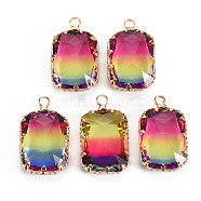 Gradient Color Glass Pendants, with Brass Prong Settings, Faceted, Rectangle, Light Gold, Colorful, 24x14x6mm, Hole: 1.6mm(GLAA-S193-005-B01)
