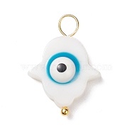 Natural Freshwater Shell Pendants, with Golden Tone Alloy Loops, Hamsa Hand/Hand of Miriam with Evil Eye Charm, Deep Sky Blue, 21.5x15x5mm, Hole: 3.5mm(PALLOY-JF01873-04)