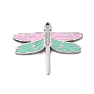 304 Stainless Steel Enamel Charms, Dragonfly Charm, Stainless Steel Color, Pink, 12x15x1mm, Hole: 0.7mm(STAS-L022-488D-P)