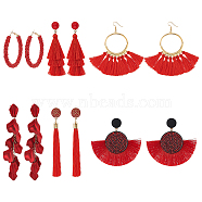6Pairs 6 Styles Acrylic Petal & Cotton Tassel & Resin Dangle Stud Earrings, Cluster Long Drop Earrings with Steel Iron Pins, Red, 59.5~136x7.5~80mm, 1 Pair/style(EJEW-AN0003-75)