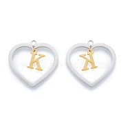 201 Stainless Steel Pendants, Hollow, Heart with Letter A~Z, Real Gold Plated & Stainless Steel Color, Letter.K, 29x29.5x1mm, Hole: 2mm, A~Z: 12x8~10.5x1mm(STAS-N090-LA894-K-P)