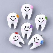 Resin Pendants, with Platinum Tone Iron Findings, Tooth, Mixed Color, 32~34x21~22x17~18mm, Hole: 2mm(RESI-T028-15)