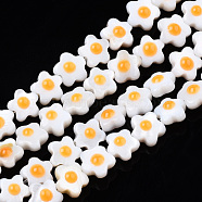 Natural White Shell Beads Strands, Double Sides with Enamel, Flower, Orange, 6~7x6.5~7x4mm, Hole: 0.7mm, about 61~63pcs/strand, 14.76 inch~15.16 inch(37.5~38.5cm)(SHEL-N003-30)