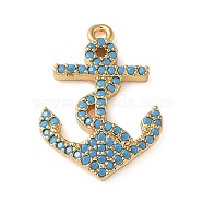 Brass Micro Pave Cubic Zirconia Pendants, Anchor Charms, Cadmium Free & Lead Free, Long-Lasting Plated, Rack Plating, Real 18K Gold Plated, Deep Sky Blue, 21x15.5x2.5mm, Hole: 1.4mm(KK-C086-13G-01)