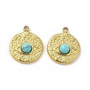 Natural Turquoise Flat Round with Eye Charms, with Vacuum Plating Real 18K Gold Plated 201 Stainless Steel Findings, 12x10x3mm, Hole: 1.2mm(STAS-J401-VC559)