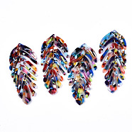 Cellulose Acetate(Resin) Big Pendants, with Iron Loops, Leaf, Golden, Colorful, 70~76x29~31x3mm, Hole: 1.2mm(KY-S163-001F)