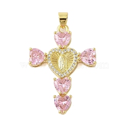 Rack Plating Brass Micro Pave Cubic Zirconia Heart Shape Virgin Mary Cross Pendant, Cadmium Free & Lead Free, Long-Lasting Plated, Real 18K Gold Plated, Pink, 39x28x6mm, Hole: 4x3mm(KK-S380-44C-G)