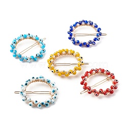 Alloy Hollow Hair Barrettes, with Handmade Lampwork Evil Eye Beads, Ponytail Holder Statement, with Hair Accessories for Women, Ring, Mixed Color, 65~66x58x13mm(PHAR-JH00078)