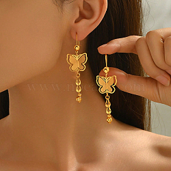 Brass Butterfly Tassel Hoop Earrings, Real 18K Gold Plated, 70x20mm(GT6023)