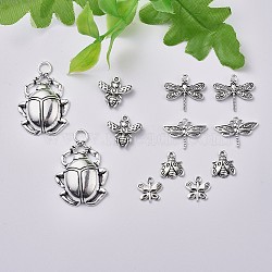 Insect Theme, Tibetan Style Alloy Pendants, Dragonfly, Beetle, Dragonfly, Bee, Ladybug, Butterfly with Word Create for You, Antique Silver, 24pcs/set(TIBEP-X0185-83AS)