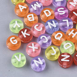 Transparent Acrylic Beads, Horizontal Hole, Flat Round with Random Initial Letter, Mixed Color, 7x4mm, Hole: 1.5mm, about 555pcs/50g(X-MACR-S299-056)