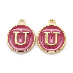Golden Plated Alloy Enamel Charms, Cadmium Free & Lead Free, Enamelled Sequins, Flat Round with Letter, Camellia, Letter.U, 14x12x2mm, Hole: 1.5mm(X-ENAM-S118-08U)