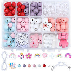 DIY Bracelet Making Kits, including Dyed Wood Beads, ABS Plastic Imitation Pearl Beads & Polyester Elastic Hang Tag, Mixed Color, 12x22x5mm, Hole: 1.8mm, 1pc(DIY-BM0001-19)