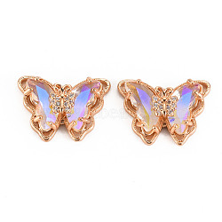 Electroplate Glass Pendants, with Brass Micro Pave Cubic Zirconia, Faceted, Butterfly, Light Gold, Clear AB, 15x21x6mm, Hole: 1.2mm(GLAA-S193-010-B02)