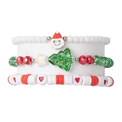 3Pcs 3 Styles Polymer Clay & Glass Beaded Stretch Bracelet Sets, Christmas Tree & Santa Claus Stackable Bracelets Kits, Green, Inner Diameter: 2-1/8~2-1/4 inch(5.3~5.7cm), 1pc/style(BJEW-JB10676)