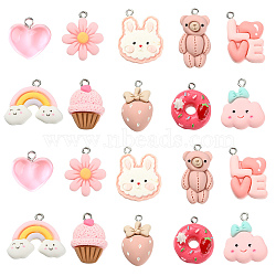 30Pcs 10 Styles Opaque Resin Pendants, I Love You Macaron Charm, with Platinum Tone Iron Loops, Rabbit & Heart & Strawberry, Mixed Shapes, Pink, 16~33x16~22x6~10mm, Hole: 2mm, 3pcs/style(RESI-CJ0002-80)