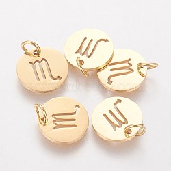 304 Stainless Steel Pendants, with Jump Ring, Laser Cut, Flat Round with Constellation/Zodiac Sign, Golden, Scorpio, 12x1mm, Hole: 3mm(A-STAS-Q201-T445-8G)