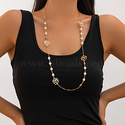 Flower Alloy & Plastic Imitation Pearl White Round Beads Handmade Link Chain Long Necklaces for Women, Golden, 31.50 inch(80cm)(FS-WG575FB-04)