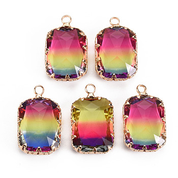 Gradient Color Glass Pendants, with Brass Prong Settings, Faceted, Rectangle, Light Gold, Colorful, 24x14x6mm, Hole: 1.6mm