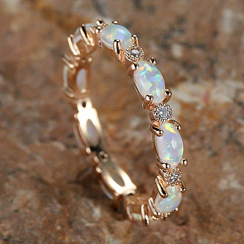 Alloy Finger Rings, with Brass Micro Pave Cubic Zirconia and Opal Finding, Oval, US Size 8(18.1mm)