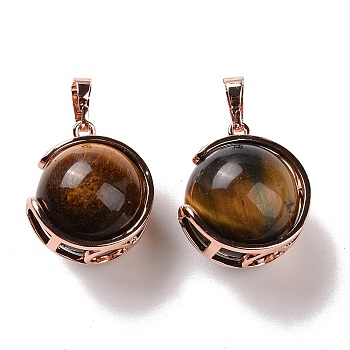 Natural Tiger Eye Pendants, Ball Sphere Charms with Rose Gold Tone Brass Findings, 24x21x18mm, Hole: 8x5mm