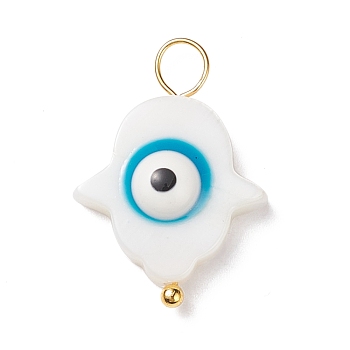 Natural Freshwater Shell Pendants, with Golden Tone Alloy Loops, Hamsa Hand/Hand of Miriam with Evil Eye Charm, Deep Sky Blue, 21.5x15x5mm, Hole: 3.5mm