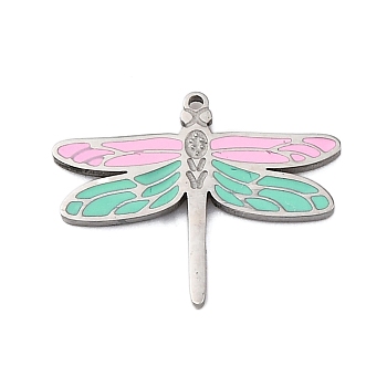 304 Stainless Steel Enamel Charms, Dragonfly Charm, Stainless Steel Color, Pink, 12x15x1mm, Hole: 0.7mm