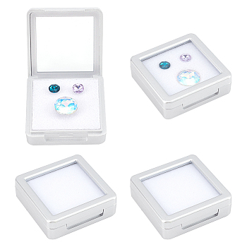 Plastic Loose Diamond Gemstone Display Boxes, Glass Top Jewelry Display Cases with Sponge Inside, Square, Silver, 5.5x5.5x1.75cm