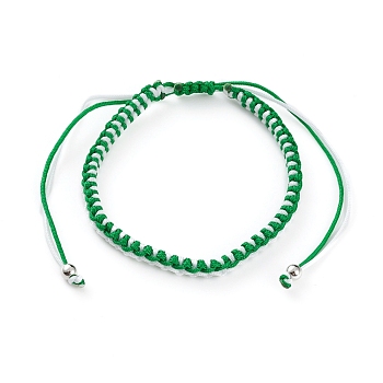 Adjustable Two Tone Nylon Cord Braided Bead Bracelets, with Platinum Plated Brass Round Beads, Green, Inner Diameter: 1-5/8~3-1/2 inch(4~9cm)
