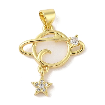 Rack Plating Planet Brass Clear Cubic Zirconia Synthetic Shell Pendants, Cadmium Free & Lead Free, Seashell Color, Real 18K Gold Plated, 22x20x5mm, Hole: 3x4mm