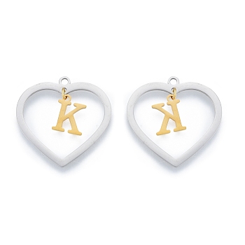201 Stainless Steel Pendants, Hollow, Heart with Letter A~Z, Real Gold Plated & Stainless Steel Color, Letter.K, 29x29.5x1mm, Hole: 2mm, A~Z: 12x8~10.5x1mm