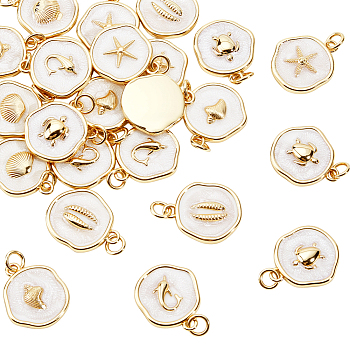 24Pcs 6 Styles Ocean Theme Brass Enamel Pendants, with Jump Ring, Real 18K Gold Plated, Flat Round Charms, Mixed Shapes, 17.5~18x15~15.5x3~3.5mm, Hole: 3mm, 4pcs/style
