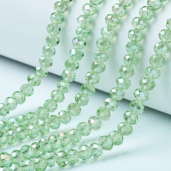 Electroplate Glass Faceted Rondelle Beads Strands, Half Plated, Yellow Green, 6x4mm, Hole: 1mm, about 85~88pcs/strand, 16.1~16.5 inch(41~42cm)