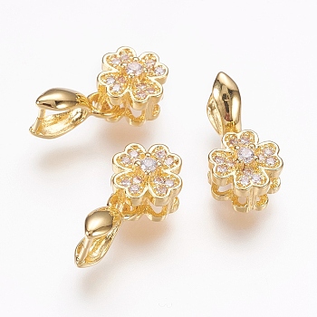 Brass Micro Pave Cubic Zirconia Pendant Pinch Bails, Clover, Clear, Real 18K Gold Plated, 16mm, 10x3x6mm, Pin: 0.8mm