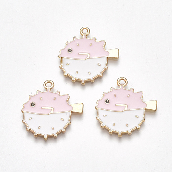 Alloy Pendants, Cadmium Free & Lead Free, with Enamel, Fish, Light Gold, Pink, 24x22x1mm, Hole: 2mm