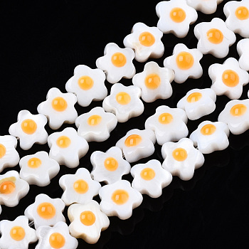 Natural White Shell Beads Strands, Double Sides with Enamel, Flower, Orange, 6~7x6.5~7x4mm, Hole: 0.7mm, about 61~63pcs/strand, 14.76 inch~15.16 inch(37.5~38.5cm)