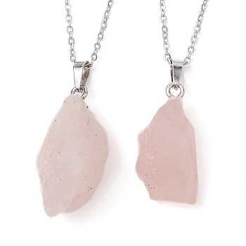 Natural Rose Quartz Nugget Pendant Necklaces, with 304 Stainless Steel Cable Chains, 15.55~15.94 inch(39.5~40.5cm)