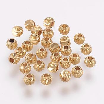 Brass Spacer Beads, Long-Lasting Plated, Corrugated Round, Real 18K Gold Plated, 4x3mm, Hole: 1.6mm