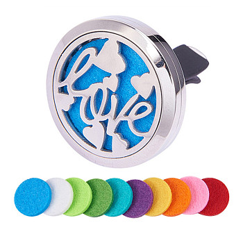 316 Stainless Steel Car Diffuser Locket Clips, with Perfume Pad and Magnetic Clasps, Flat Round with Word Love, Mixed Color, 30x7mm
