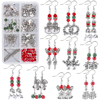 DIY Christmas Drop Earring Making Kits, Including Christmas Tree & Stocking & Wreath & Snowman Alloy Pendants & Beads, Glass Pearl Beads, Brass Earring Hooks, Antique Silver