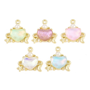 Alloy & Glass & Plastic Pearl Pendants, Heart with Moon Star Charms, Mixed Color, Golden, 16x16.5x5.5mm, Hole: 1.4mm
