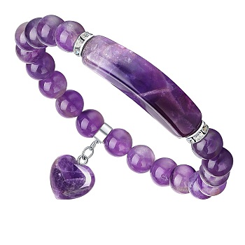 Natural Amethyst Curved Rectangle Stretch Braclets with Heart Charm, Inner Diameter: 2-3/8 inch(6cm)