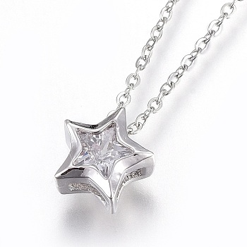304 Stainless Steel Brass Cubic Zirconia Pendant Necklaces, Star, Clear, Stainless Steel Color, 17.8 inch(45.5cm), Pendant: 8x8x4mm